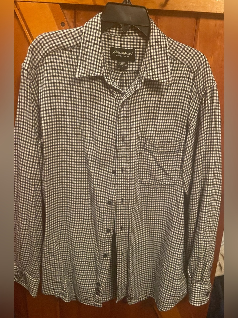 Eddie Bauer Men Vintage Large Button-Down Shirt Black White Gingham Long Sleeve